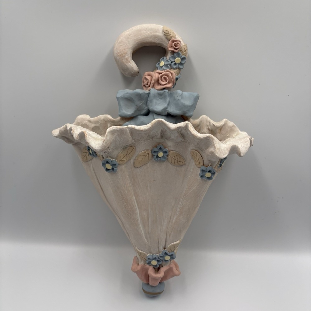 Vintage Magnolia Art Floral Wall Pocket Umbrella Hanging Vase Handmade Blue Pink